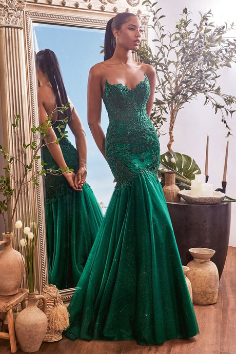 CD CDS482 - Strapless Lace Embellished Mermaid Prom Gown with Sheer Bodice & Sheer Lace Embellished Sides PROM GOWN Cinderella Divine 4 EMERALD 