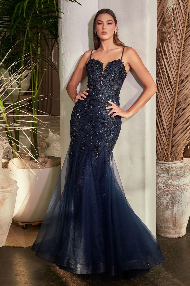 CD CDS488 - Floral Patterned Sequin Mermaid Prom Gown with Sheer Bonded Bodice & Layered Tulle Skirt PROM GOWN Cinderella Divine 2 NAVY 