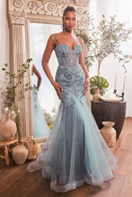 CD CDS488 - Floral Patterned Sequin Mermaid Prom Gown with Sheer Bonded Bodice & Layered Tulle Skirt PROM GOWN Cinderella Divine 2 SMOKY BLUE 