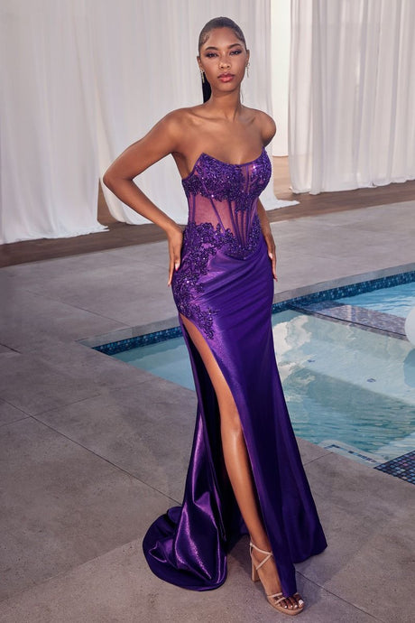 CD CDS489 - Strapless Lace Over Stretch Satin Fit & Flare Prom Gown with Sheer Corset Bodice & Leg Slit PROM GOWN Cinderella Divine 2 NOVA PURPLE 