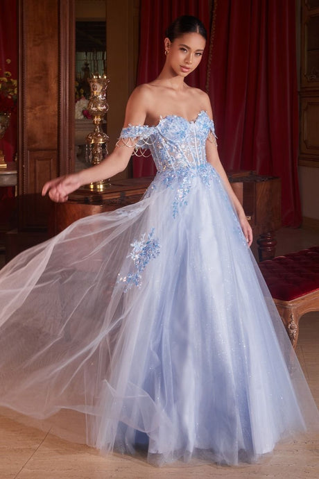 CD CDS490 - Off the Shoulder Tulle A-Line Ball Gown with Sheer Lace Detailed Boned Corset Bodice & Open Lace Up Back PROM GOWN Cinderella Divine 2 LIGHT BLUE 
