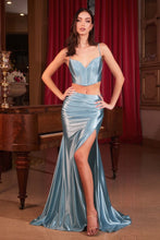 CD CDS493 - Two Piece Satin Fit & Flare Pro Gown with Boned Lace Up Corset Bodice & Leg Slit PROM GOWN Cinderella Divine 2 DUSTY BLUE 