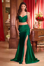 CD CDS493 - Two Piece Satin Fit & Flare Pro Gown with Boned Lace Up Corset Bodice & Leg Slit PROM GOWN Cinderella Divine 2 EMERALD 
