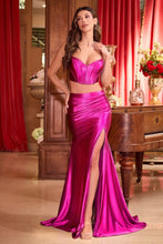 CD CDS493 - Two Piece Satin Fit & Flare Pro Gown with Boned Lace Up Corset Bodice & Leg Slit PROM GOWN Cinderella Divine 2 HOT PINK 