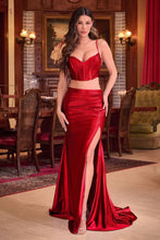 CD CDS493 - Two Piece Satin Fit & Flare Pro Gown with Boned Lace Up Corset Bodice & Leg Slit PROM GOWN Cinderella Divine 2 RED 