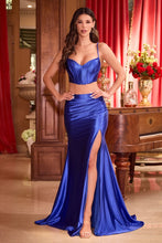 CD CDS493 - Two Piece Satin Fit & Flare Pro Gown with Boned Lace Up Corset Bodice & Leg Slit PROM GOWN Cinderella Divine 2 ROYAL BLUE 