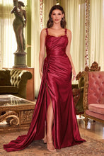 CD CDS496 - Stretch Satin Fit & Flare Prom Gown with Waist Ruching Sheer Beaded Lace Top PROM GOWN Cinderella Divine 2 BURGUNDY 