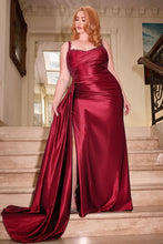 CD CDS496C - Plus Size Stretch Satin Fit & Flare Prom Gown with Waist Ruching Lace Detailed Bodice & Side Sash PROM GOWN Cinderella Divine 18 BURGUNDY 