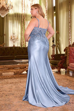 CD CDS496C - Plus Size Stretch Satin Fit & Flare Prom Gown with Waist Ruching Lace Detailed Bodice & Side Sash PROM GOWN Cinderella Divine   