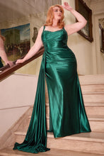 CD CDS496C - Plus Size Stretch Satin Fit & Flare Prom Gown with Waist Ruching Lace Detailed Bodice & Side Sash PROM GOWN Cinderella Divine 18 EMERALD 