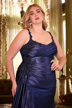 CD CDS496C - Plus Size Stretch Satin Fit & Flare Prom Gown with Waist Ruching Lace Detailed Bodice & Side Sash PROM GOWN Cinderella Divine   