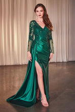 CD CDS506 - Long Sleeve Satin Fitted Gown with Intricate Lace Embellishment Deep V-Neck Leg Slit & Side Sash Mother of the Bride CINDERELLA DIVINE Emerald 6