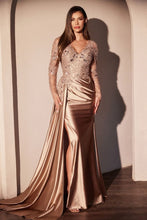 CD CDS506 - Long Sleeve Satin Fitted Gown with Intricate Lace Embellishment Deep V-Neck Leg Slit & Side Sash Mother of the Bride CINDERELLA DIVINE Mocha Gold 8