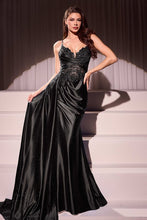 CD CDS524 - Satin Fit & Flare Prom Gown with Beaded Lace Embellished Bodice Leg Slit & Side Sash PROM GOWN Cinderella Divine 0 Black