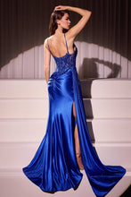 CD CDS524 - Satin Fit & Flare Prom Gown with Beaded Lace Embellished Bodice Leg Slit & Side Sash