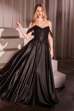 CD CDS525 - Strapless or Off the Shoulder Satin A-Line Prom Gown with Beaded Lace Appliqued Bodice PROM GOWN Cinderella Divine 4 Black