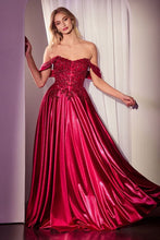 CD CDS525 - Strapless or Off the Shoulder Satin A-Line Prom Gown with Beaded Lace Appliqued Bodice PROM GOWN Cinderella Divine 4 Burgundy