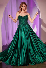 CD CDS525 - Strapless or Off the Shoulder Satin A-Line Prom Gown with Beaded Lace Appliqued Bodice PROM GOWN Cinderella Divine 4 Emerald