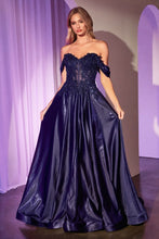 CD CDS525 - Strapless or Off the Shoulder Satin A-Line Prom Gown with Beaded Lace Appliqued Bodice PROM GOWN Cinderella Divine 4 Navy