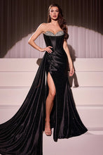 CD CDS526 - Strapless Crystal Embellished Stretch Satin Fit & Flare Prom Gown with Bead Trimmed Bodice Leg Slit & Side Sash PROM GOWN Cinderella Divine 0 Black