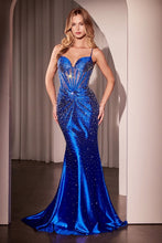 CD CDS527 - Crystal Embellished Stretch Satin FIt & Flare Prom Gown with Sheer Boned Bodice & Open Lace Up Back PROM GOWN CINDERELLA DIVINE 0 Royal Blue