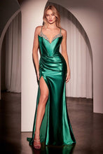 CD CDS528 - Satin Fit & Flare Prom Gown with Crystal Trimmed V-Neck Bodice Leg Slit & Open Lace Up Back PROM GOWN Cinderella Divine 0 Emerald