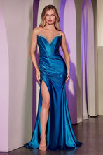 CD CDS528 - Satin Fit & Flare Prom Gown with Crystal Trimmed V-Neck Bodice Leg Slit & Open Lace Up Back