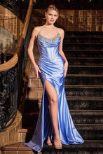 CD CDS529 - Crystal Embellished Strapless Stretch Satin Fit & Flare Prom Gown with Crystal Accented Scoop Neck Bodice & Leg Slit PROM GOWN Cinderella Divine 4 Dusty Blue