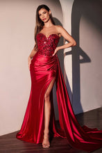 CD CDS530 - Strapless Stretch Satin Fit & Flare Prom Gown with Sheer Beaded Lace Bodice Side Sash & Leg Slit PROM GOWN Cinderella Divine 0 Burgundy