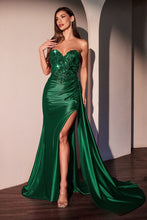 CD CDS530 - Strapless Stretch Satin Fit & Flare Prom Gown with Sheer Beaded Lace Bodice Side Sash & Leg Slit PROM GOWN Cinderella Divine 0 Emerald