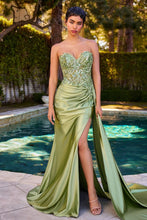 CD CDS530 - Strapless Stretch Satin Fit & Flare Prom Gown with Sheer Beaded Lace Bodice Side Sash & Leg Slit PROM GOWN Cinderella Divine 0 Greenery