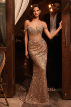 CD CDS534 - Off the Shoulder Sequin Fit & Flare Prom Gown with Sheer Beaded Bodice & Leg Slit PROM GOWN Cinderella Divine 0 Gold