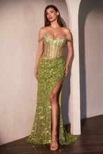 CD CDS534 - Off the Shoulder Sequin Fit & Flare Prom Gown with Sheer Beaded Bodice & Leg Slit PROM GOWN Cinderella Divine 0 Greenery