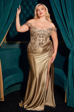 CD CDS537C - Plus Size Off the Shoulder Fit & Flare Prom Gown with Sheer Bead Embellished Bodice Lace Up Corset Back & Leg Slit PROM GOWN Cinderella Divine 16 Mocha Gold