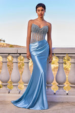 CD CDS538 - Strapless Stretch Fit & Flare Prom Gown with Sheer Beaded Bodice & Leg Slit PROM GOWN Cinderella Divine 0 Blue