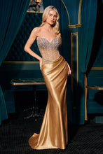 CD CDS538 - Strapless Stretch Satin Fit & Flare Prom Gown with Sheer Beaded Bodice & Leg Slit PROM GOWN Cinderella Divine 0 Gold