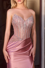 CD CDS538 - Strapless Stretch Satin Fit & Flare Prom Gown with Sheer Beaded Bodice & Leg Slit PROM GOWN Cinderella Divine