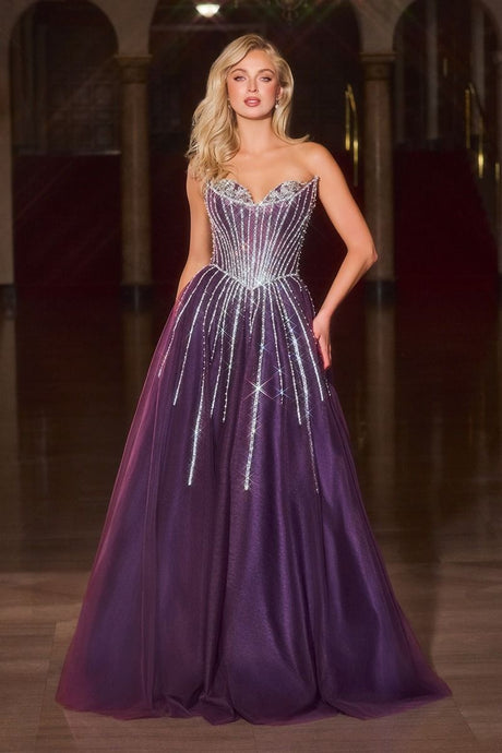 CD CDS541 - Strapless Layered Shimmer Tulle A-Line Prom Gown with Sheer In-Line Beaded Bodice PROM GOWN Cinderella Divine 2 Eggplant