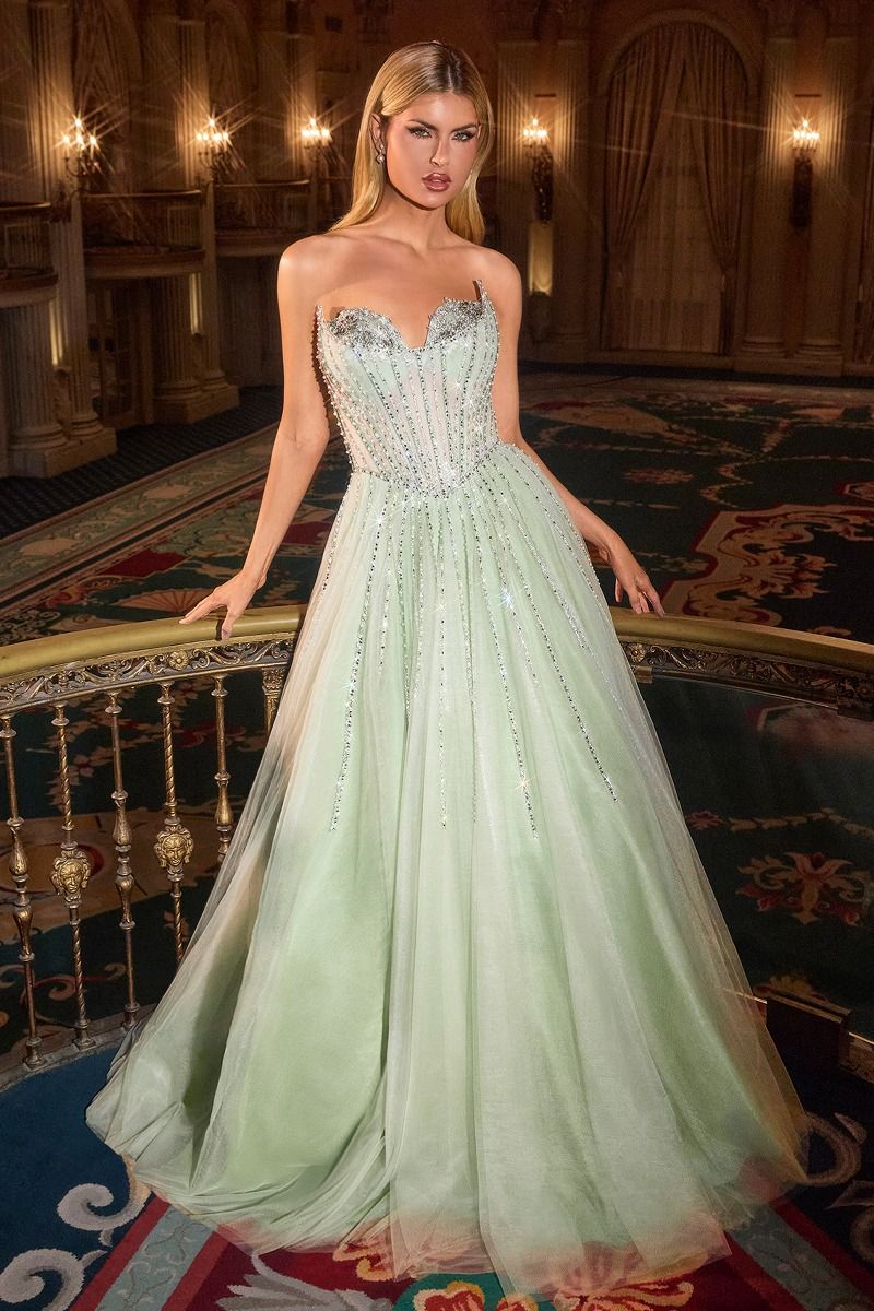 CD CDS541 - Strapless Layered Shimmer Tulle A-Line Prom Gown with Sheer In-Line Beaded Bodice PROM GOWN Cinderella Divine 2 Sage