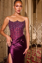 CD CDS543 - Strapless Stretch Satin Fit & Flare Prom Gown with Sheer Crystal Embellished Corset Bodice Leg Slit & Open Lace Up Back PROM GOWN Cinderella Divine