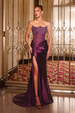 CD CDS543 - Strapless Stretch Satin Fit & Flare Prom Gown with Sheer Crystal Embellished Corset Bodice Leg Slit & Open Lace Up Back PROM GOWN Cinderella Divine 8 Eggplant