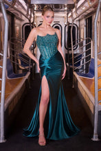 CD CDS543 - Strapless Stretch Satin Fit & Flare Prom Gown with Sheer Crystal Embellished Corset Bodice Leg Slit & Open Lace Up Back PROM GOWN Cinderella Divine 2 Peacock