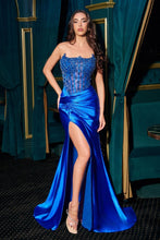 CD CDS543 - Strapless Stretch Satin Fit & Flare Prom Gown with Sheer Crystal Embellished Corset Bodice Leg Slit & Open Lace Up Back PROM GOWN Cinderella Divine 2 Royal