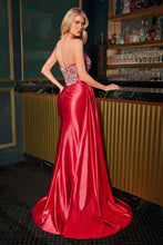 CD CDS544 - Strapless Stretch Satin Fit & Flare Prom Gown with Crystal Accented Corset Bodice Side Sash & Leg Slit