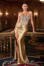 CD CDS546 - Strapless Stretch Satin Fit & Flare Prom Gown with Crystal Embellished Corset Bodice Leg Slit & Open Lace Up Back PROM GOWN Cinderella Divine 0 Gold