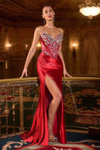 CD CDS546 - Strapless Stretch Satin Fit & Flare Prom Gown with Crystal Embellished Corset Bodice Leg Slit & Open Lace Up Back PROM GOWN Cinderella Divine 0 Red