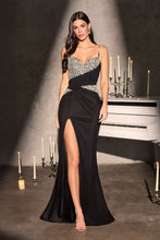 CD CDS552 - Stretch Satin Fit & Flare Prom Gown with Crystal Accented Corset Bodice Leg Slit & Open Detailed Back PROM GOWN Cinderella Divine 0 Black