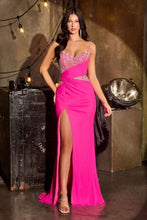 CD CDS552 - Stretch Satin Fit & Flare Prom Gown with Crystal Accented Corset Bodice Leg Slit & Open Detailed Back PROM GOWN Cinderella Divine 0 Hot Pink