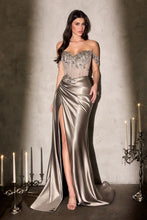CD CDS554 - Off the Shoulder Stretch Satin Fit & Flare Prom Gown with Beaded Sheer Boned Bodice & V Neckline & Leg Slit - Diggz Formals