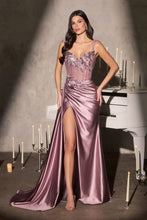 CD CDS554 - Off the Shoulder Stretch Satin Fit & Flare Prom Gown with Beaded Sheer Boned Bodice & V Neckline & Leg Slit - Diggz Formals